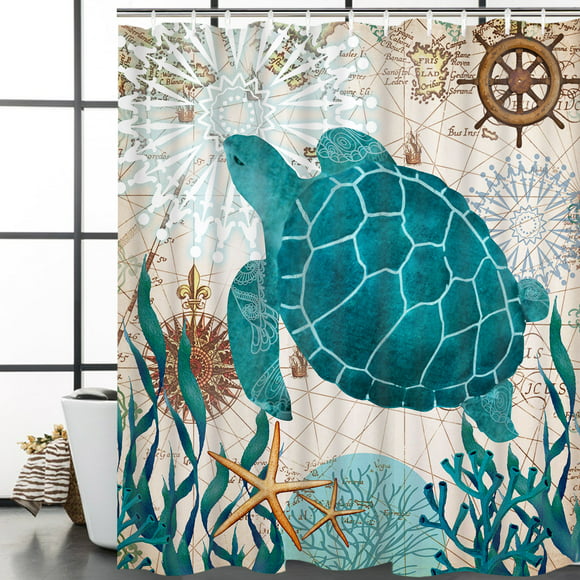 MACOFE Sea Turtle Shower Curtain Set with Hooks,Nautical Ocean Shower Curtains for Bathroom,Washable Fabric Color Bathroom Curtainr Multiple Size 